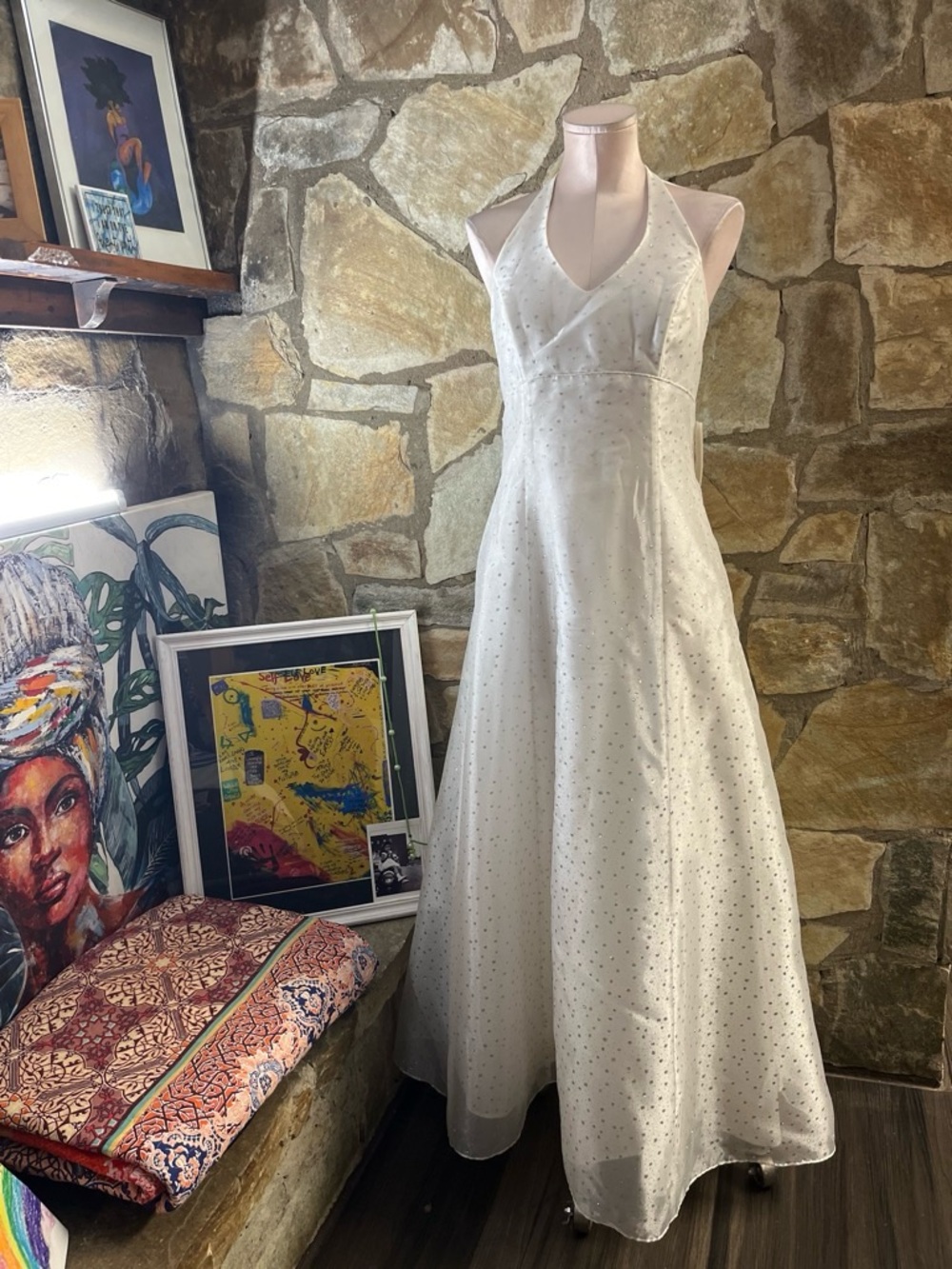 Blondie Nites White Strapless Halter A-Line Evening Dress with Sparkle